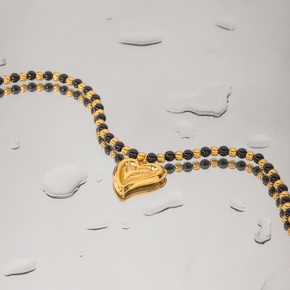 18KT G.P. Roman Style Black Agate Bead Necklace - Picture 2 of 5